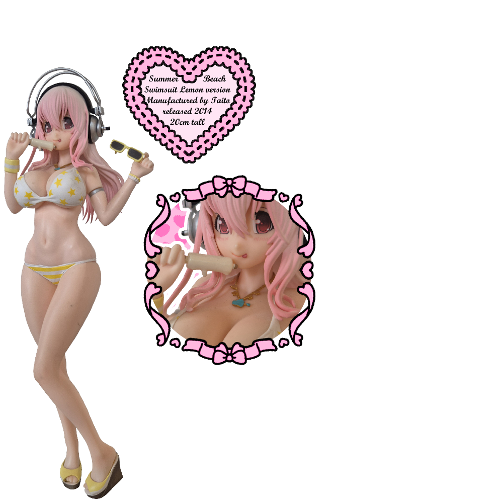 A Super Sonico Figure wearing a bikini holding a popsicle in one hand and sunglasses in the other with a closeup of her face next to it and a heart with text reading 'Summer Beach Swimsuit lemon version, manufactured by Taito, released 2014, 20 cm tall'.