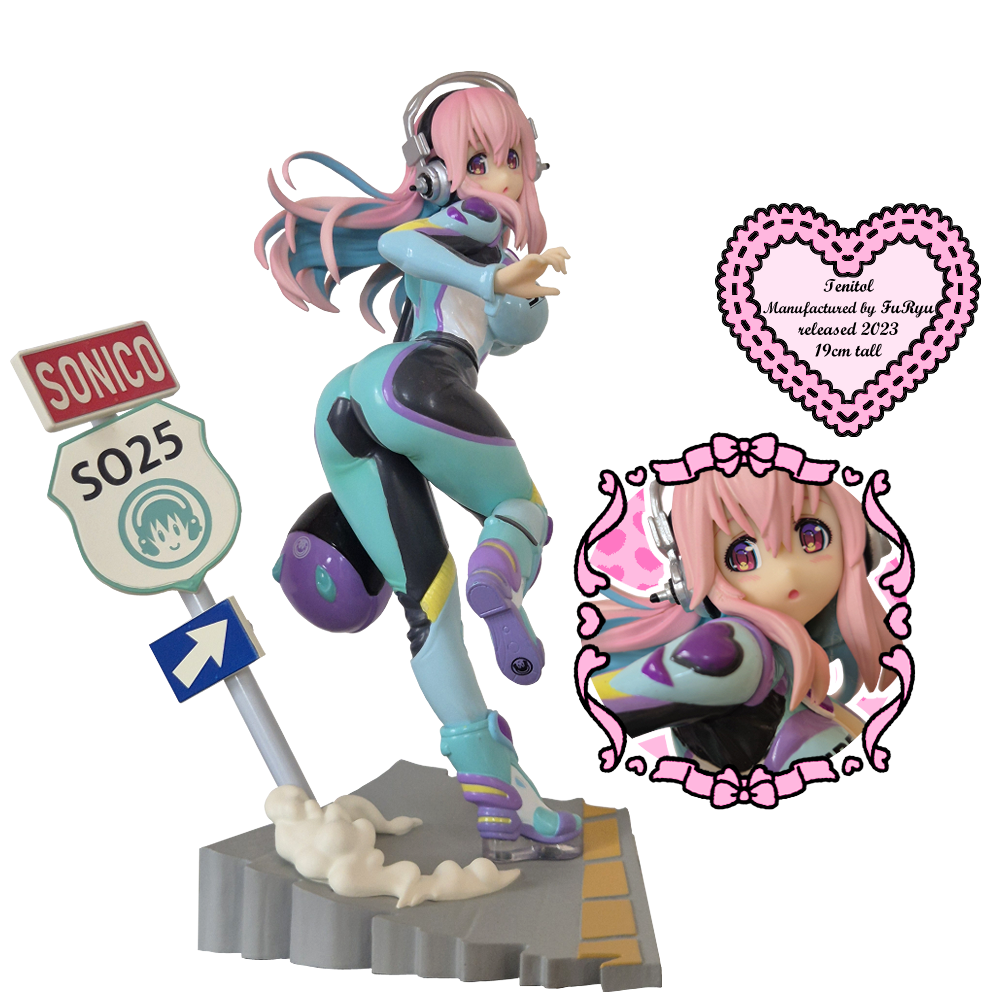 A Super Sonico Figure wearing a biker overall and holding a motorcycle helmet with a closeup of her face next to it and a heart with text reading 'Fenitol, manufactured by FuRyu, released 2023, 19 cm tall'.