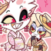 Angel Dust and Lucifer from Hazbin Hotel in chibi form wearing cute kimono