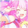 Sumomone from Show By Rock with a big smile with closed eyes and open mouth, flashing a peace sign next to her face.
