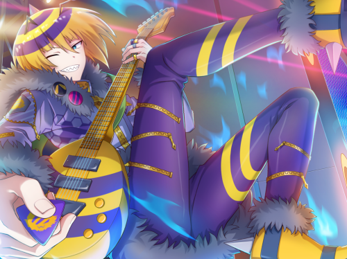 A bromide of Hachin from Show By Rock!! floating on his back, holding his guitar.