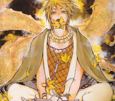 Izumo no Takeru from Takeru Opera Susanoh Sword of the Devil sitting, arms in front of him, flower in his mouth.