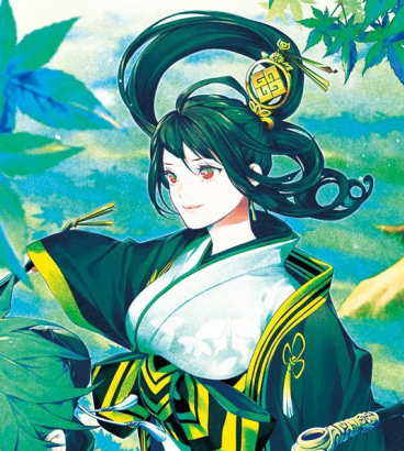 Okuni from Rengoku ni Warau looking forward, holding her fan in one hand.