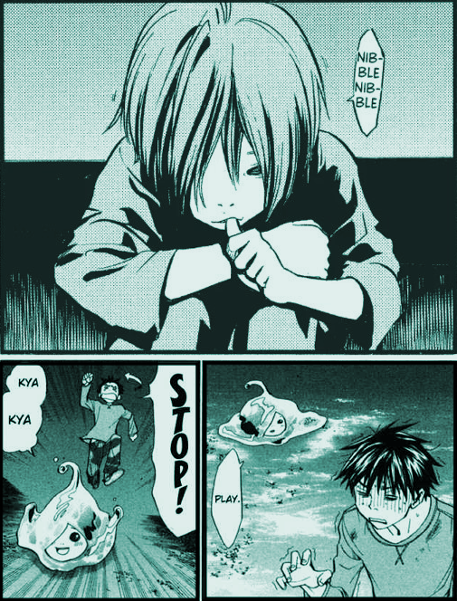 Three panels from Alive the Final Evolution. The first is of Ron sitting in a sink. Lower right has him in his liquid form giggling, lower left has him getting chased while giggling.