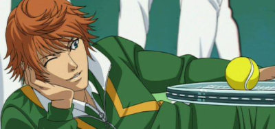 Sengoku from Prince of Tennis lying on his side, balancing a ball on his racket.