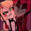 Smiling Alastor with his arm around a disgruntled Charlie