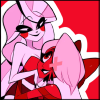 Vaggie has her arms around Charlie's hips, they look lovingly (and kinda hornily) at each other