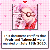 An image with a picture of Takeuchi from Mars Red above text that reads 'This document certifies that Frejr and Takeuchi were married on July 18th 2025.'