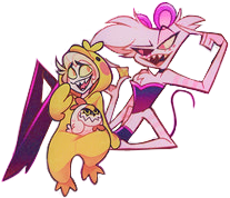 Edit of the keychains for Hazbin Hotel's Halloween merch to feature Lucifer and Angel together, Lucifer in his duck onsie and Angel dressed as a mouse. Lucifer is sitting in front of Angel with an egg boi in his lap.