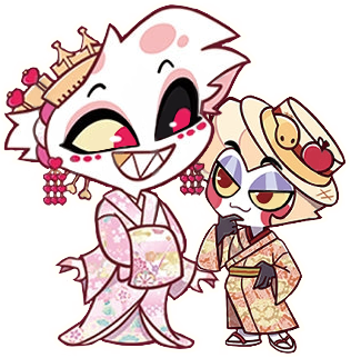 official merch art of Angel Dust and Lucifer in chibi style wearing cute kimono, standing close together, looking at each other, with a white outline.