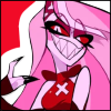 Charlie from Hazbin Hotel with her horns out, grinning, in pink and red shades