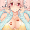 Super Sonico with hands by her face, red cany hearts on her boobs