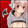 Super Sonico with pocky in her mouth, a bat wing next to her