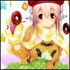 Super Sonico with a scarf that's looks like a snake, she's wearing the head like a mitten, making it eat a doughnut hanging fro mthe ceilnig