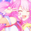 Show By Rock!! Sumomone with a wide smile, flashing a peace sign next to her face in bright pastels.
