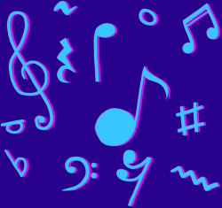 Dark blue wallpaper with turqouise music notes scattered on it