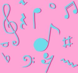 Pink wallpaper with turqouise music notes scattered on it