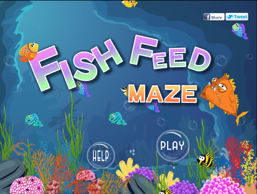 Fishes in water. Text reads Fish feed maze.