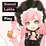 Pink-haired light-skinned woman in wearing black. Text reads Sweet Lolita, Play.