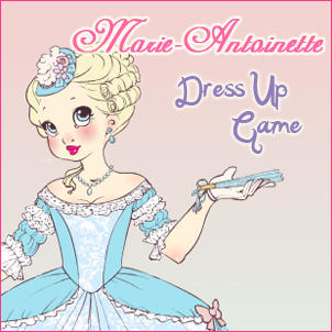 A light-skinned woman wearing a blue rococo dress. Text reads Marie Antoinette dress up game.