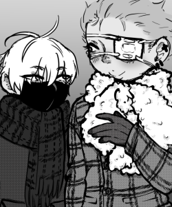 Suwa and Takeuchi from Mars Red dressed in winter clothes, the picture is in grayscale.